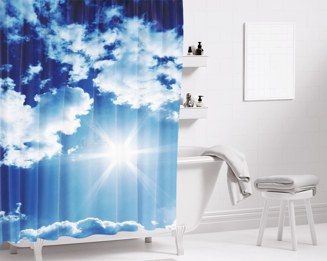 Blue Sky Summer Spring Bathroom Shower Curtain Fabric Waterproof | 66 X 72 Inch