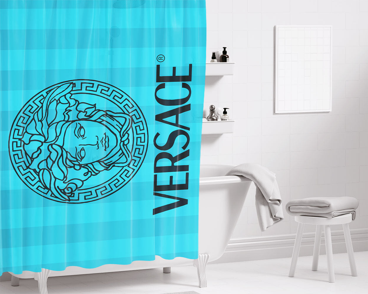 Blue Vercases Bathroom Shower Curtain Fabric Waterproof | 66 X 72 Inch