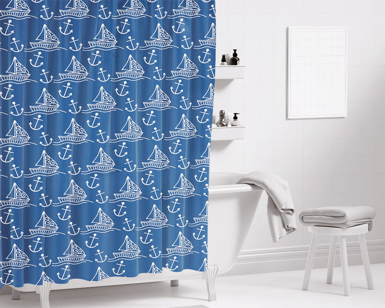 Blue White Sailor Ship Pattern Art Prints Bathroom Shower Curtain Fabric Waterproof | 66 X 72 Inch
