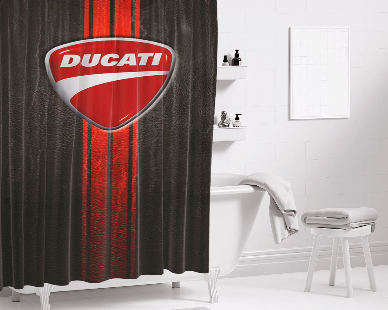 Leather Red Black Texture Ducati Logo Bathroom Shower Curtain Fabric Waterproof | 66 X 72 Inch