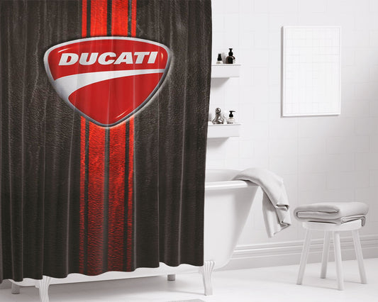 Leather Red Black Texture Ducati Logo Bathroom Shower Curtain Fabric Waterproof | 66 X 72 Inch