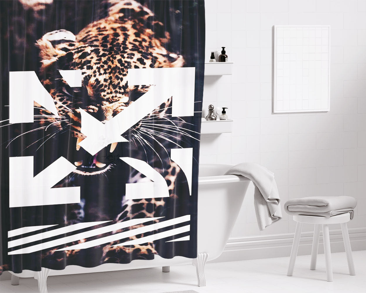 Leopard X Off White Bathroom Shower Curtain Fabric Waterproof | 66 X 72 Inch
