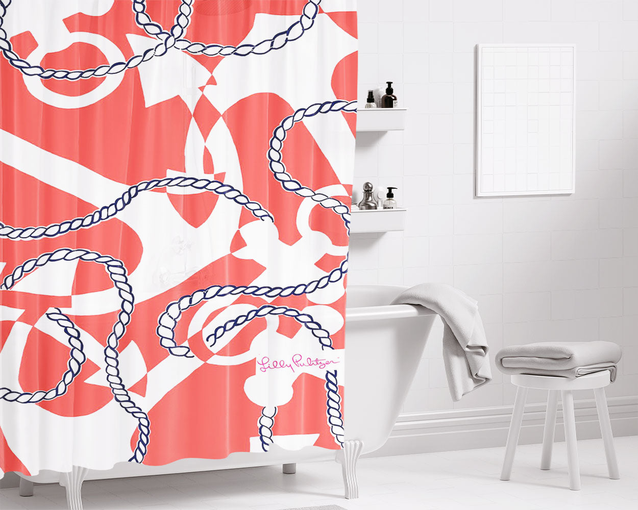 Lilly Pulitzer Orange Tango Booze Cruise Kennett Bathroom Shower Curtain Fabric Waterproof | 66 X 72 Inch