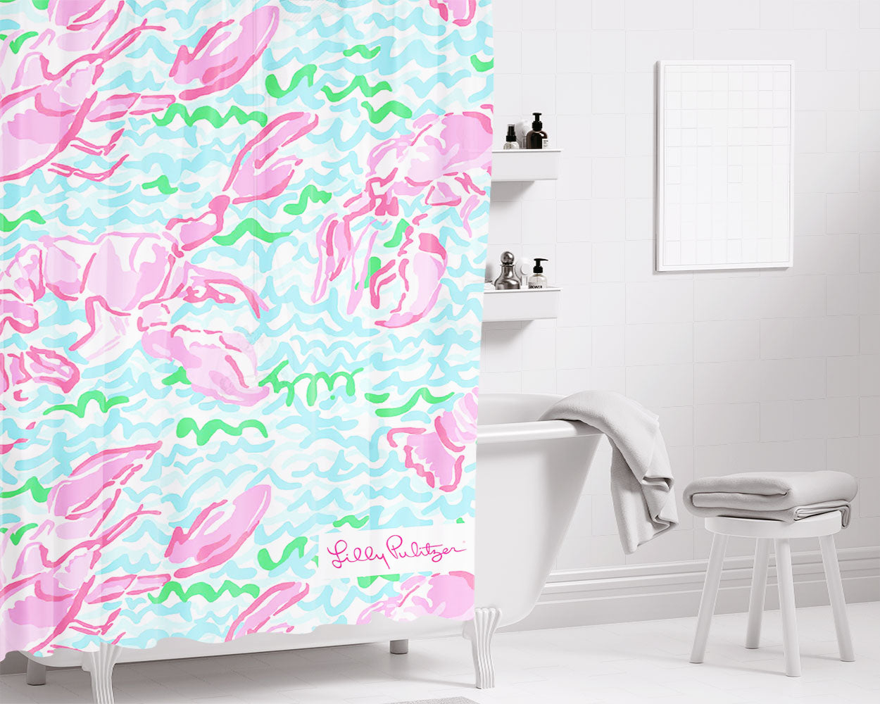 Lilly Pulitzer Summer Lobstah Bathroom Shower Curtain Fabric Waterproof | 66 X 72 Inch