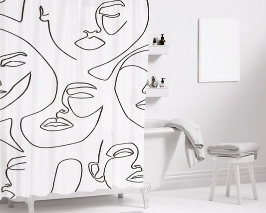 Line Face Art On White Bathroom Shower Curtain Fabric Waterproof | 66 X 72 Inch