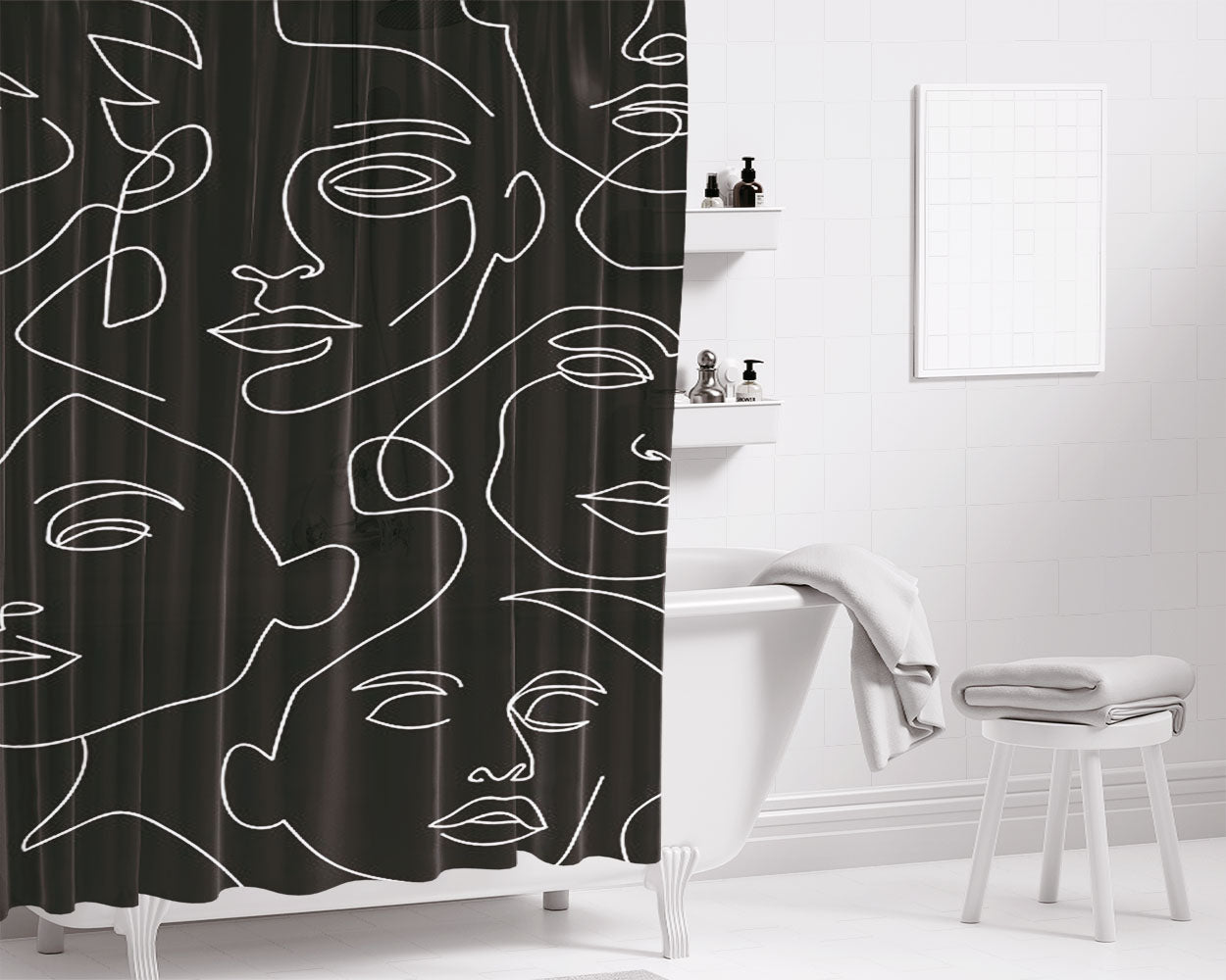 Line Face Art Pattern Bathroom Shower Curtain Fabric Waterproof | 66 X 72 Inch