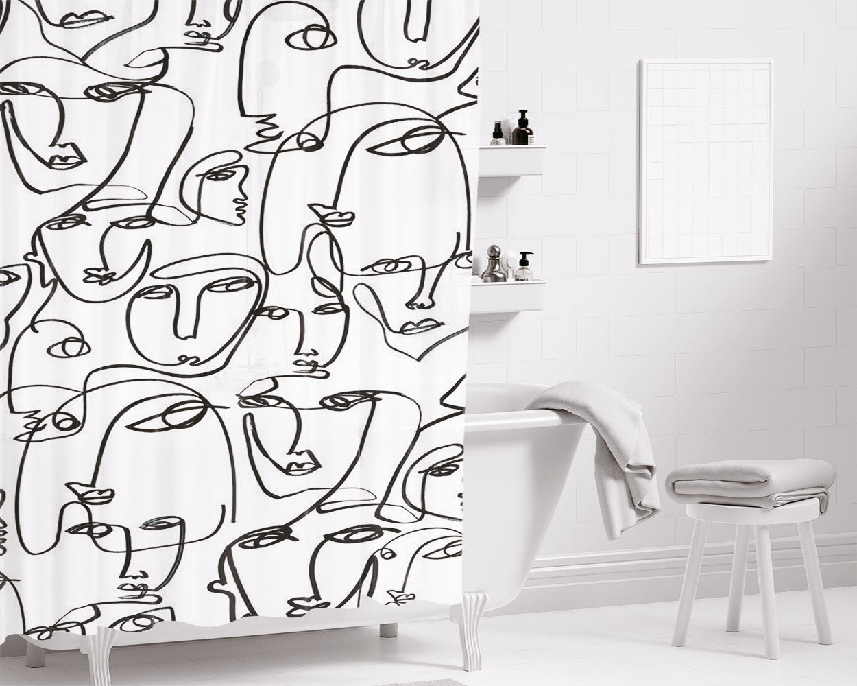 Line Face Pattern Bathroom Shower Curtain Fabric Waterproof | 66 X 72 Inch