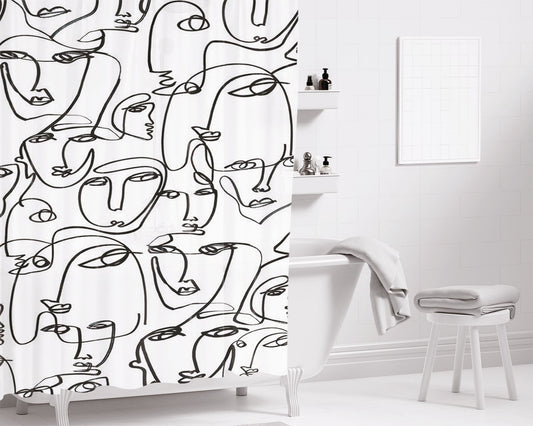 Line Face Pattern Bathroom Shower Curtain Fabric Waterproof | 66 X 72 Inch