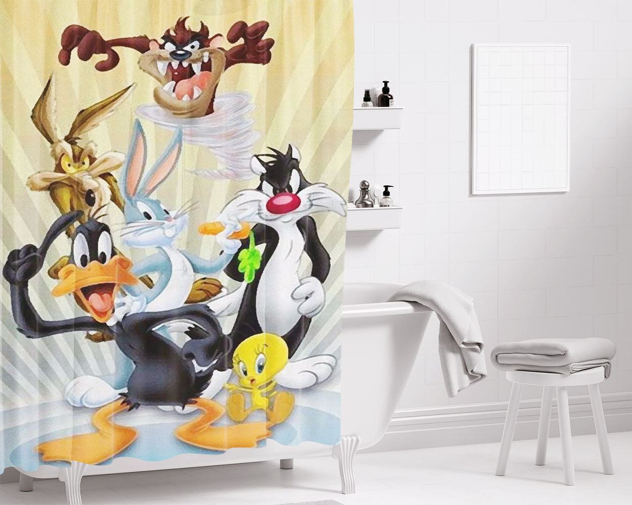 Luney Tunes Family Wallpaper Bathroom Shower Curtain Fabric Waterproof | 66 X 72 Inch