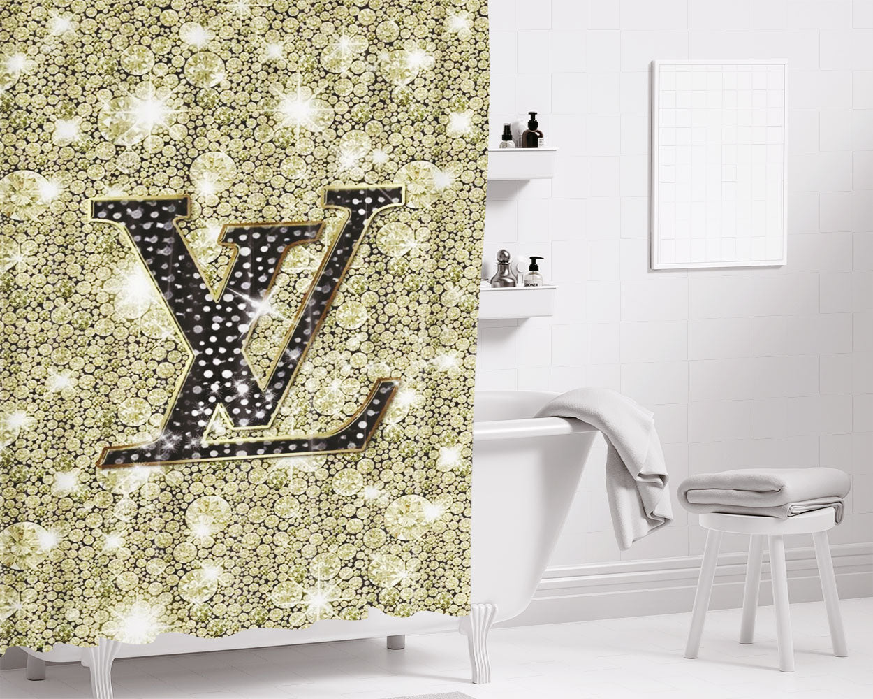 Luois Vuitton Diamond Clean Bathroom Shower Curtain Fabric Waterproof | 66 X 72 Inch