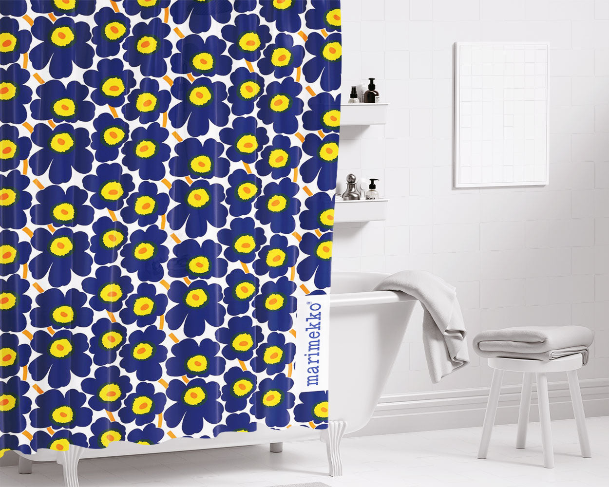 Marimekko Pieni Unikko Blue Flower Patter Bathroom Shower Curtain Fabric Waterproof | 66 X 72 Inch