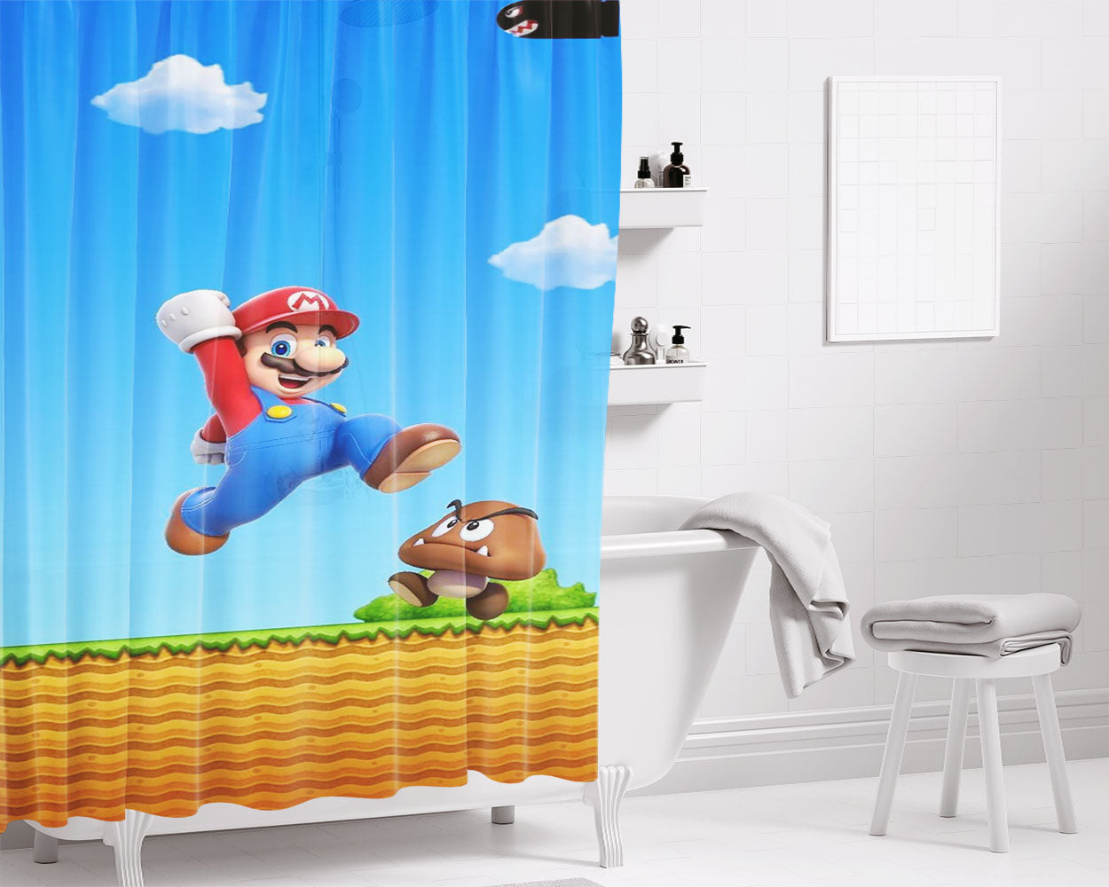 Mario And Bullet Bill Wallpaper Bathroom Shower Curtain Fabric Waterproof | 66 X 72 Inch