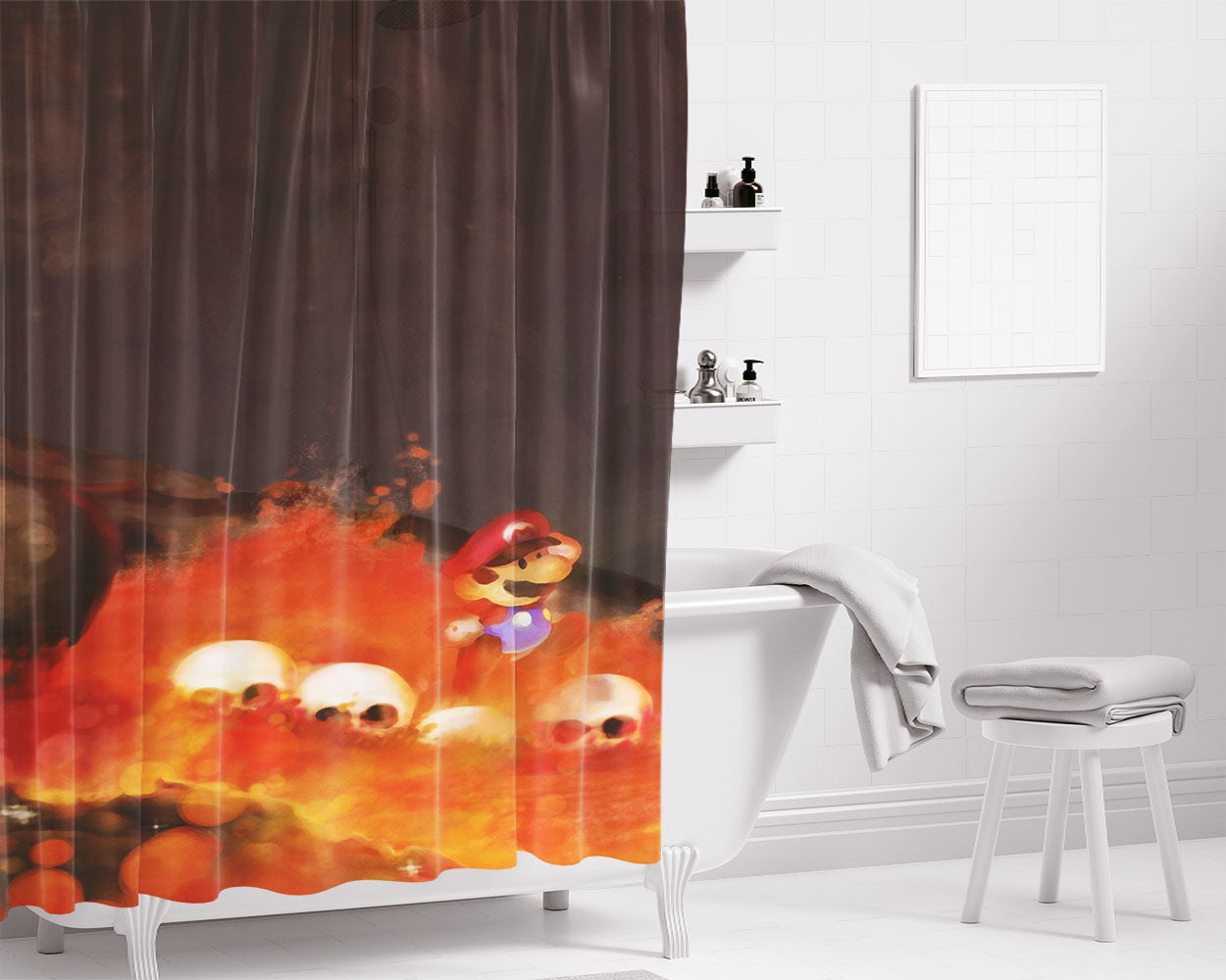 Mario And Skull Fire Lava Bathroom Shower Curtain Fabric Waterproof | 66 X 72 Inch