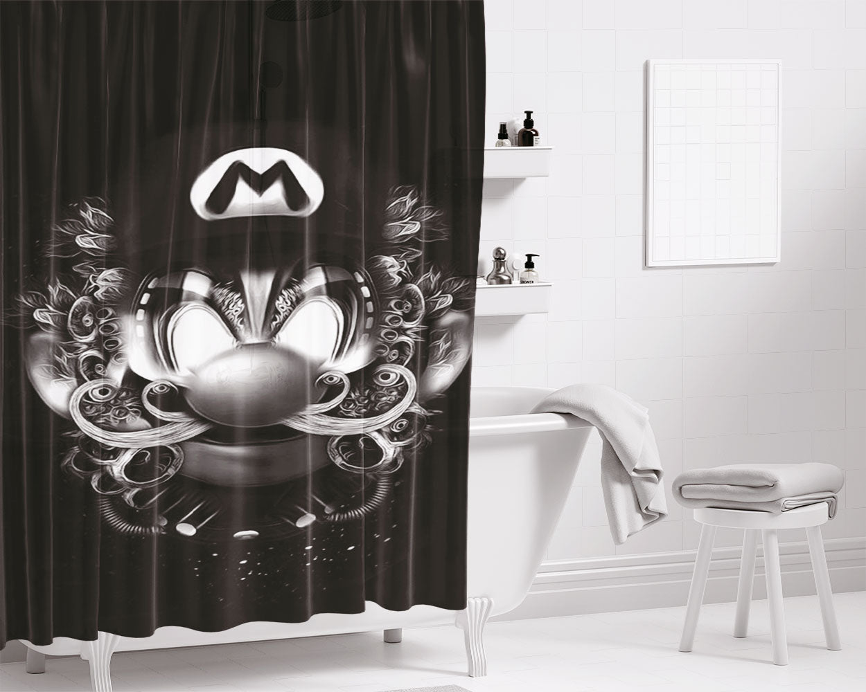 Mario Bros Bw Illustration Bathroom Shower Curtain Fabric Waterproof | 66 X 72 Inch