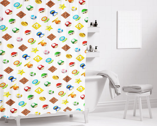 Mario Bros Game Platform Pattern Bathroom Shower Curtain Fabric Waterproof | 66 X 72 Inch