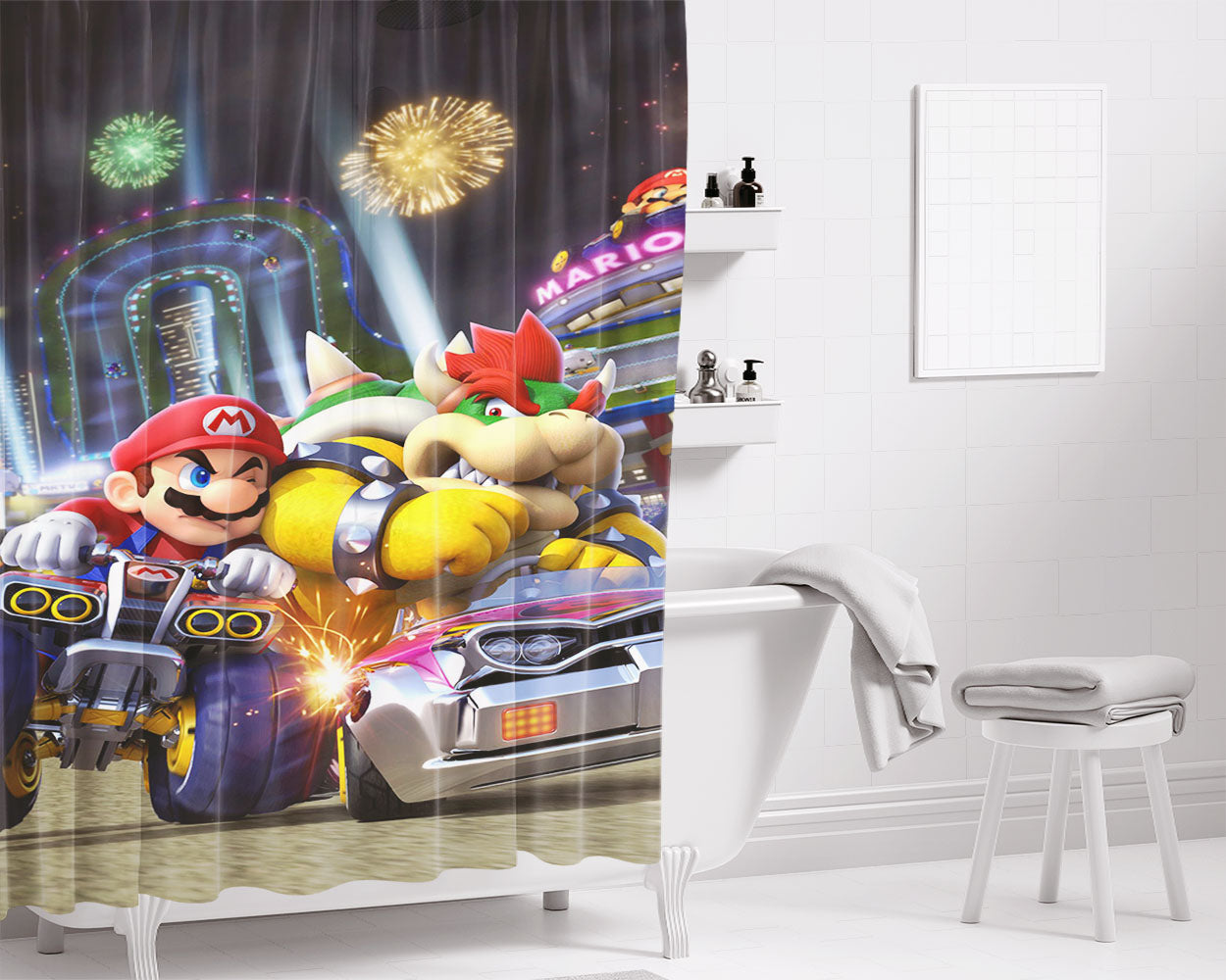 Mario Bros Kart 8 Wallpapers Bathroom Shower Curtain Fabric Waterproof | 66 X 72 Inch
