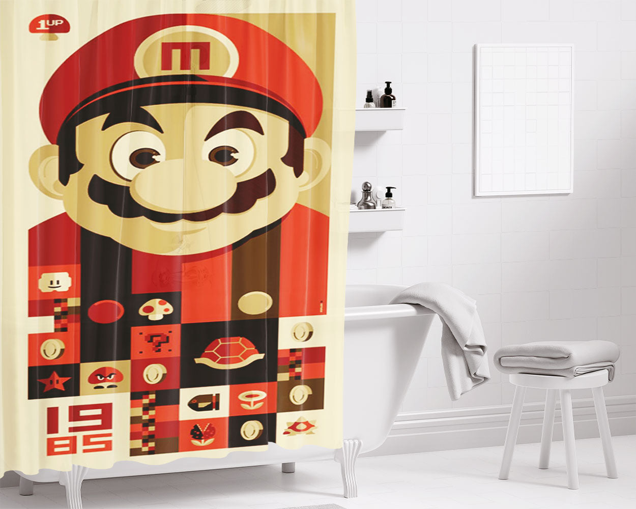 Mario Bros Vector Bathroom Shower Curtain Fabric Waterproof | 66 X 72 Inch