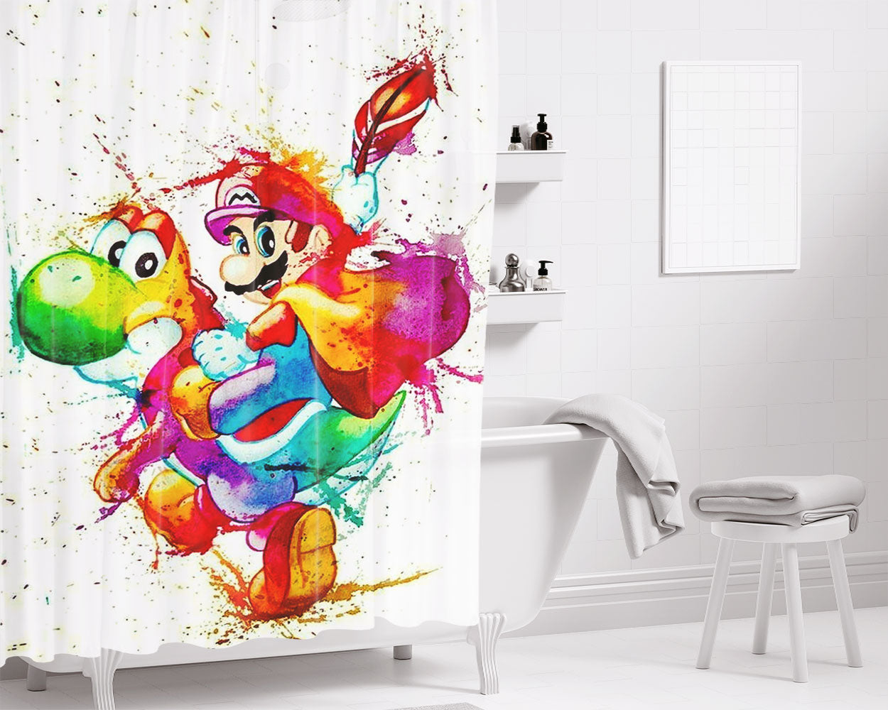 Mario Bros Watercolour Bathroom Shower Curtain Fabric Waterproof | 66 X 72 Inch