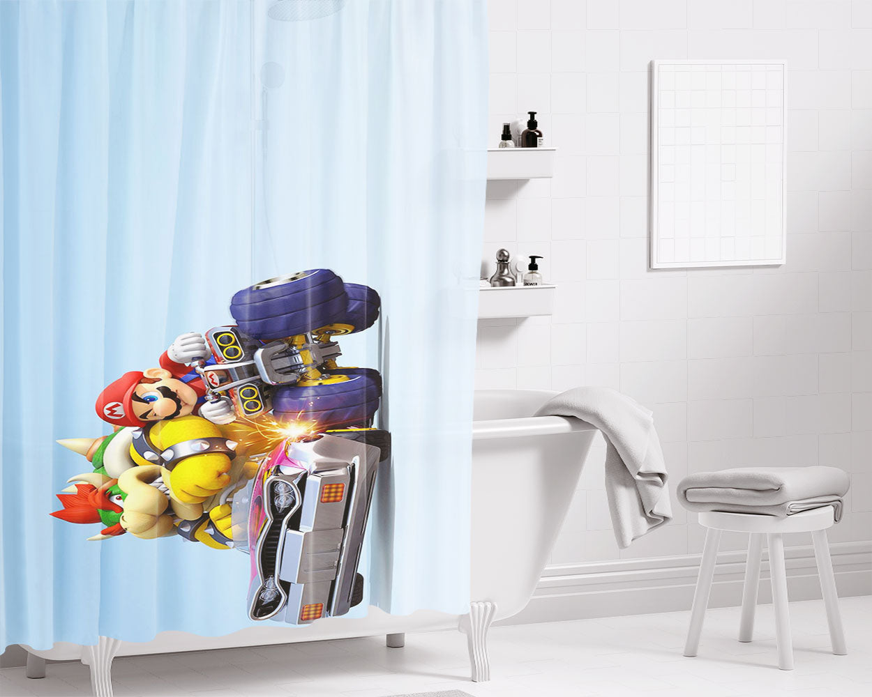 Mario Kart Tour Race Mario Vs Bowser Bathroom Shower Curtain Fabric Waterproof | 66 X 72 Inch