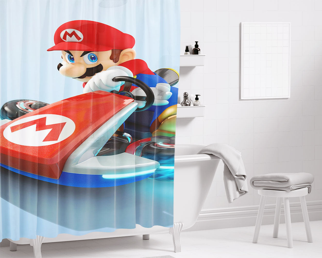 Mario Racing Car Bathroom Shower Curtain Fabric Waterproof | 66 X 72 Inch