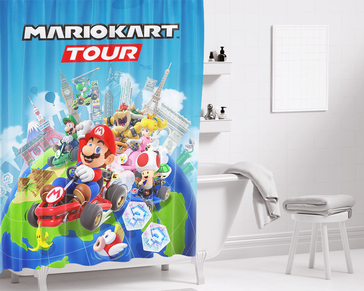Mariokart Tour Wallpaper Bathroom Shower Curtain Fabric Waterproof | 66 X 72 Inch