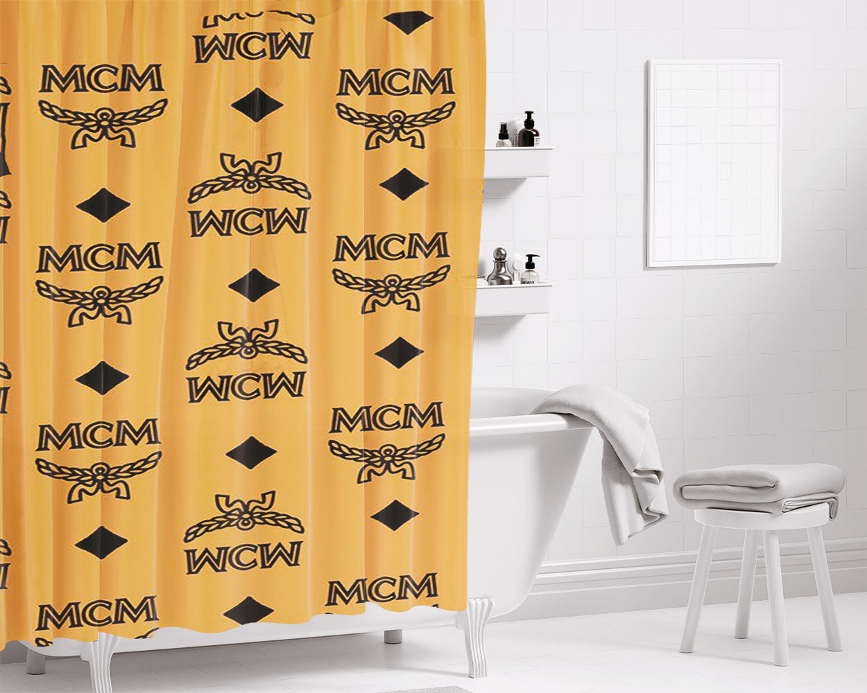 Mcm World Wide Brown Leather Pattern Bathroom Shower Curtain Fabric Waterproof | 66 X 72 Inch