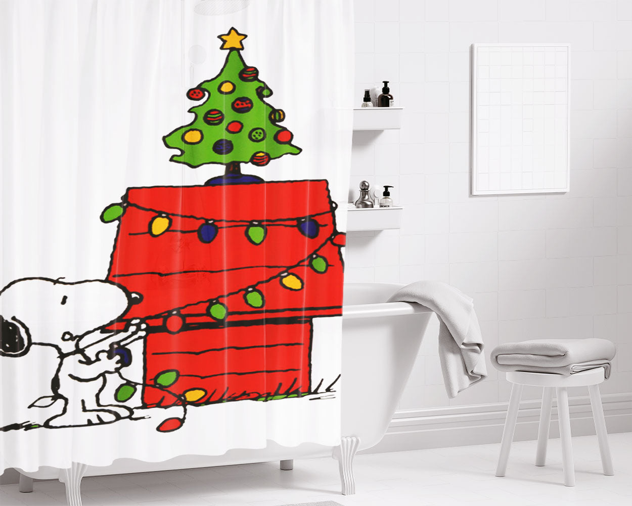 Merry Christmas Snoopy Bathroom Shower Curtain Fabric Waterproof | 66 X 72 Inch