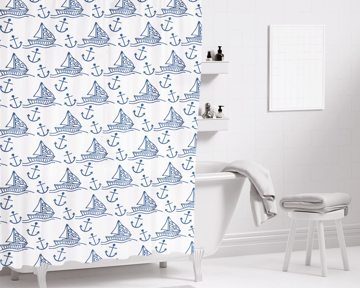 White Blue Sailor Ship Pattern Art Prints Bathroom Shower Curtain Fabric Waterproof | 66 X 72 Inch