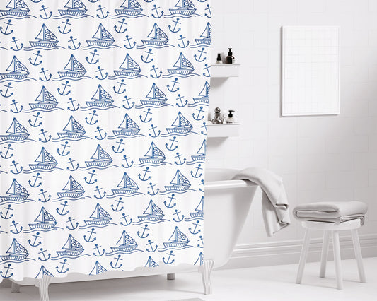 White Blue Sailor Ship Pattern Art Prints Bathroom Shower Curtain Fabric Waterproof | 66 X 72 Inch