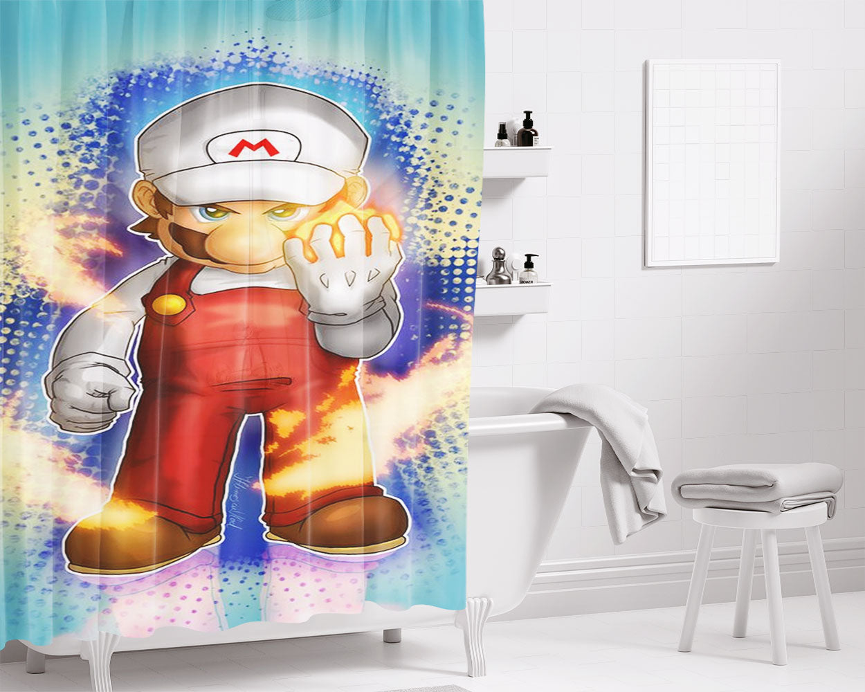 White Mario Flame Mode Bathroom Shower Curtain Fabric Waterproof | 66 X 72 Inch