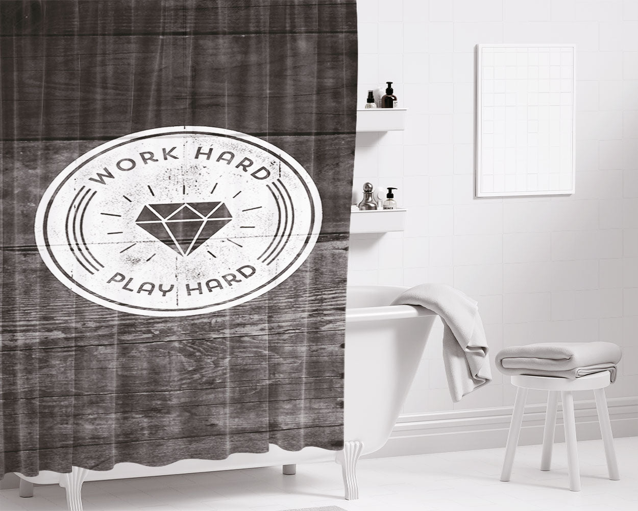 Work Hard Play Bathroom Shower Curtain Fabric Waterproof | 66 X 72 Inch