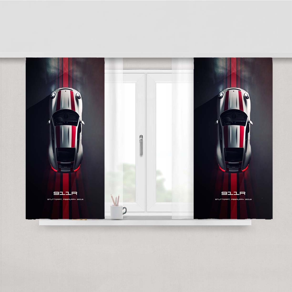 911R White Porsche Fabric Window Curtains