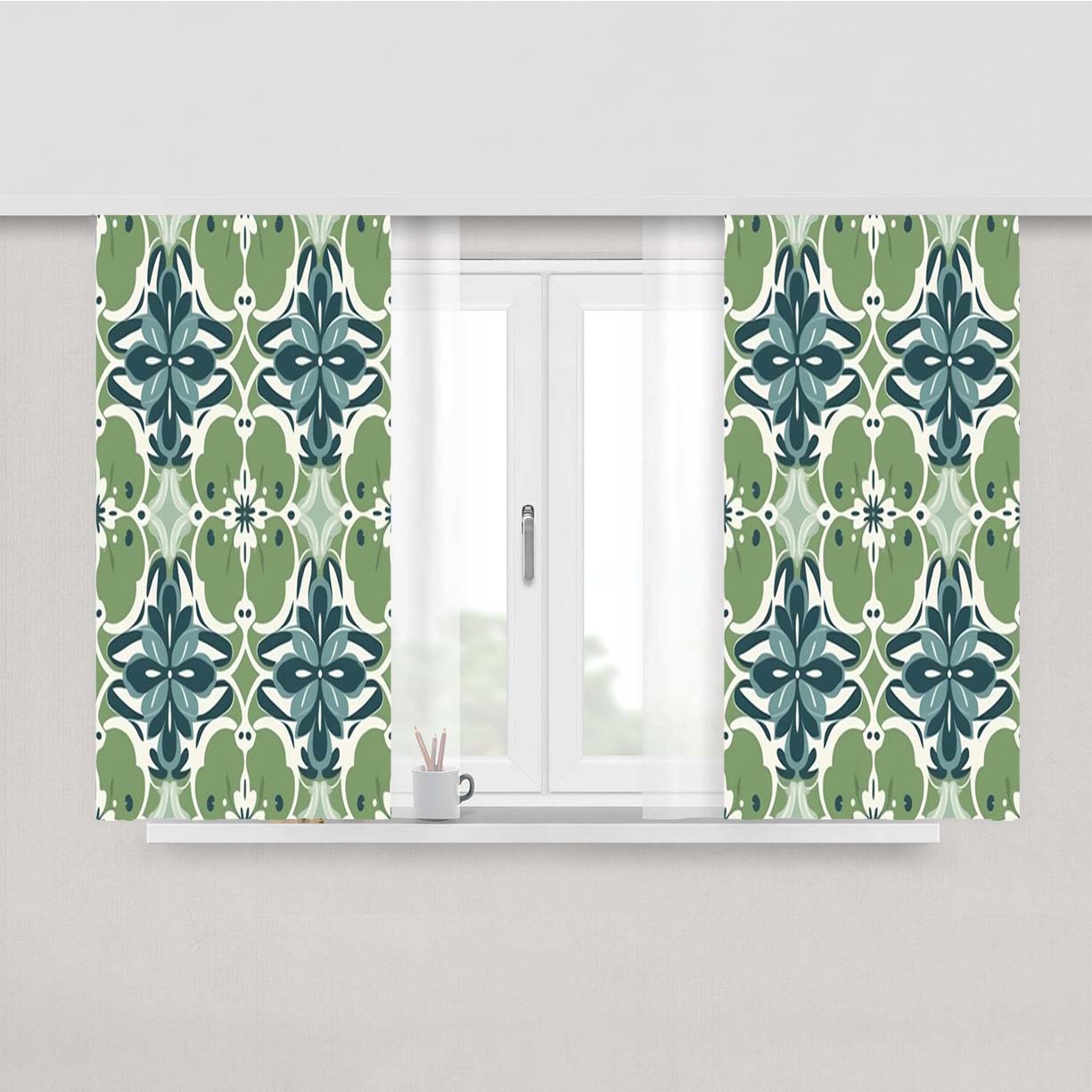 A Seamless Pattern With Blue Flowers And Green Leaves Fabric Window Curtains