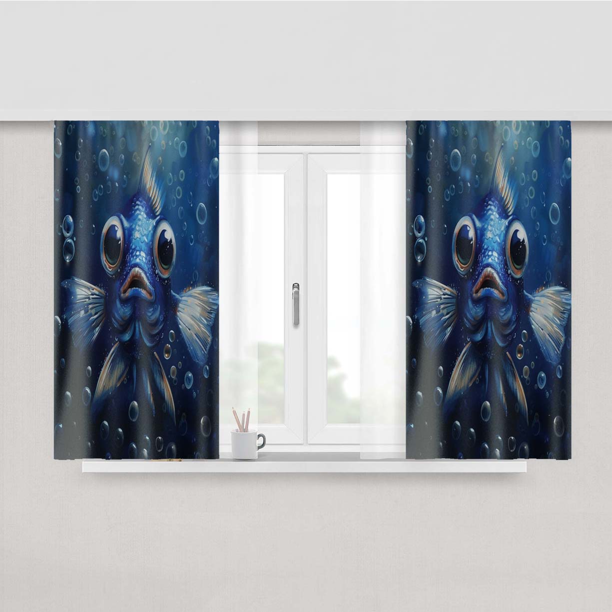 Adorable Blue Fish Fabric Window Curtains