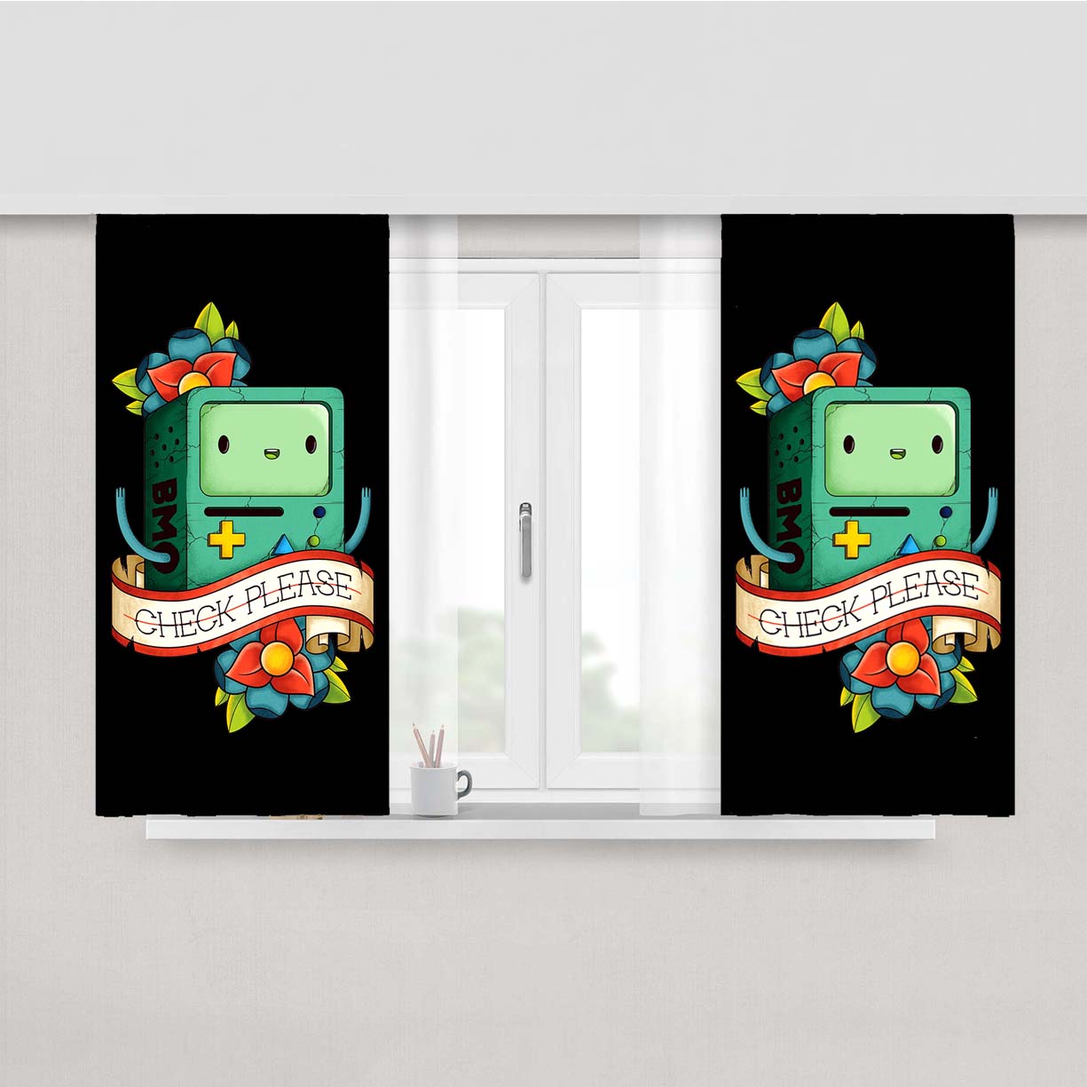 Adventure Time Bmo Check Please Flower Fabric Window Curtains