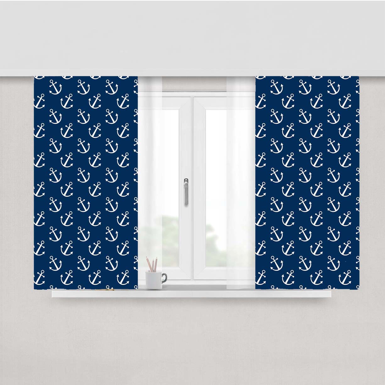 Anchor Pattern Blue Style Peach Skin Window Curtains