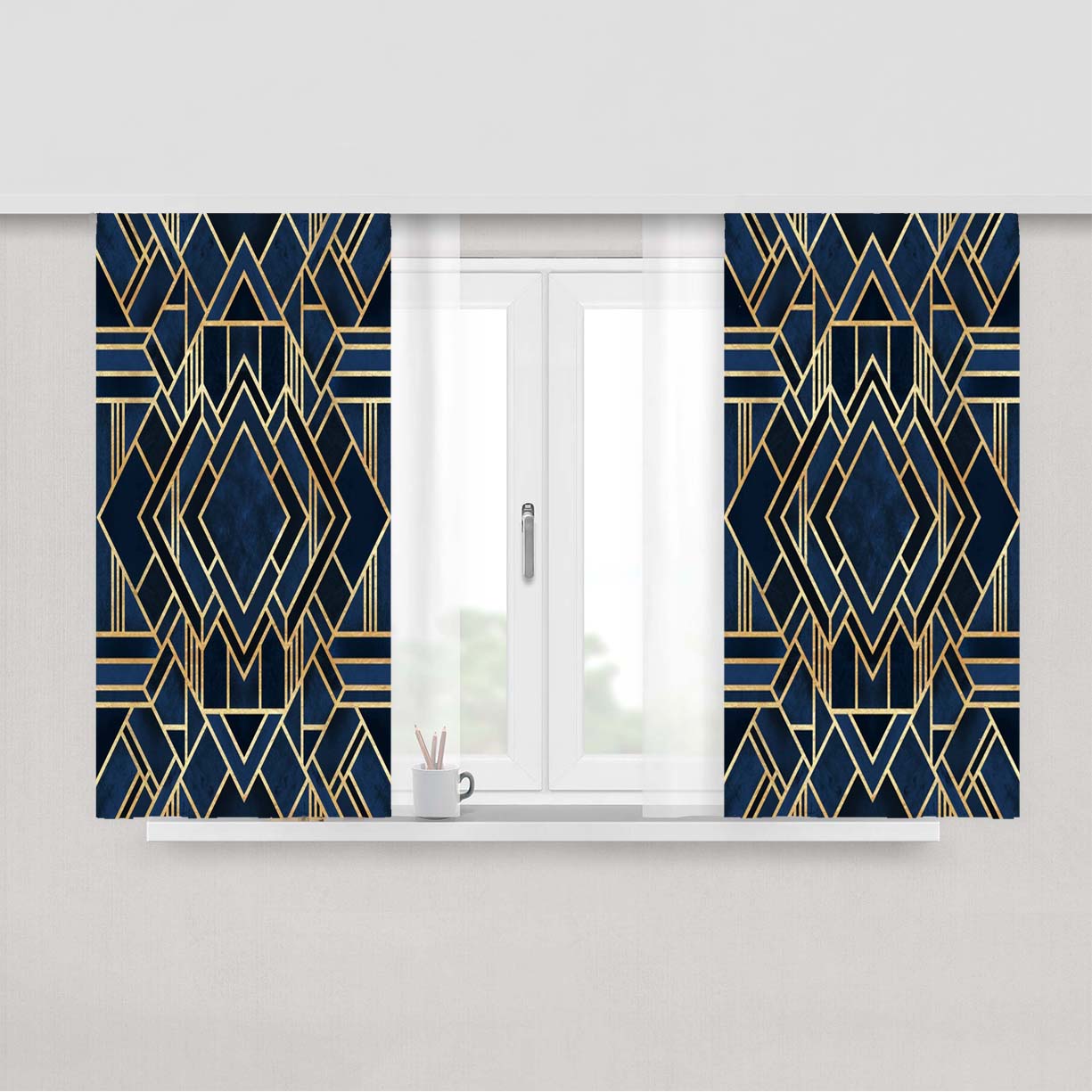 Art Deco Fancy Blue Peach Skin Window Curtains