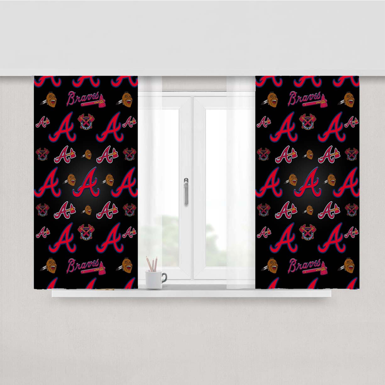 Atlanta Braves Logo Pattern Black Peach Skin Window Curtains