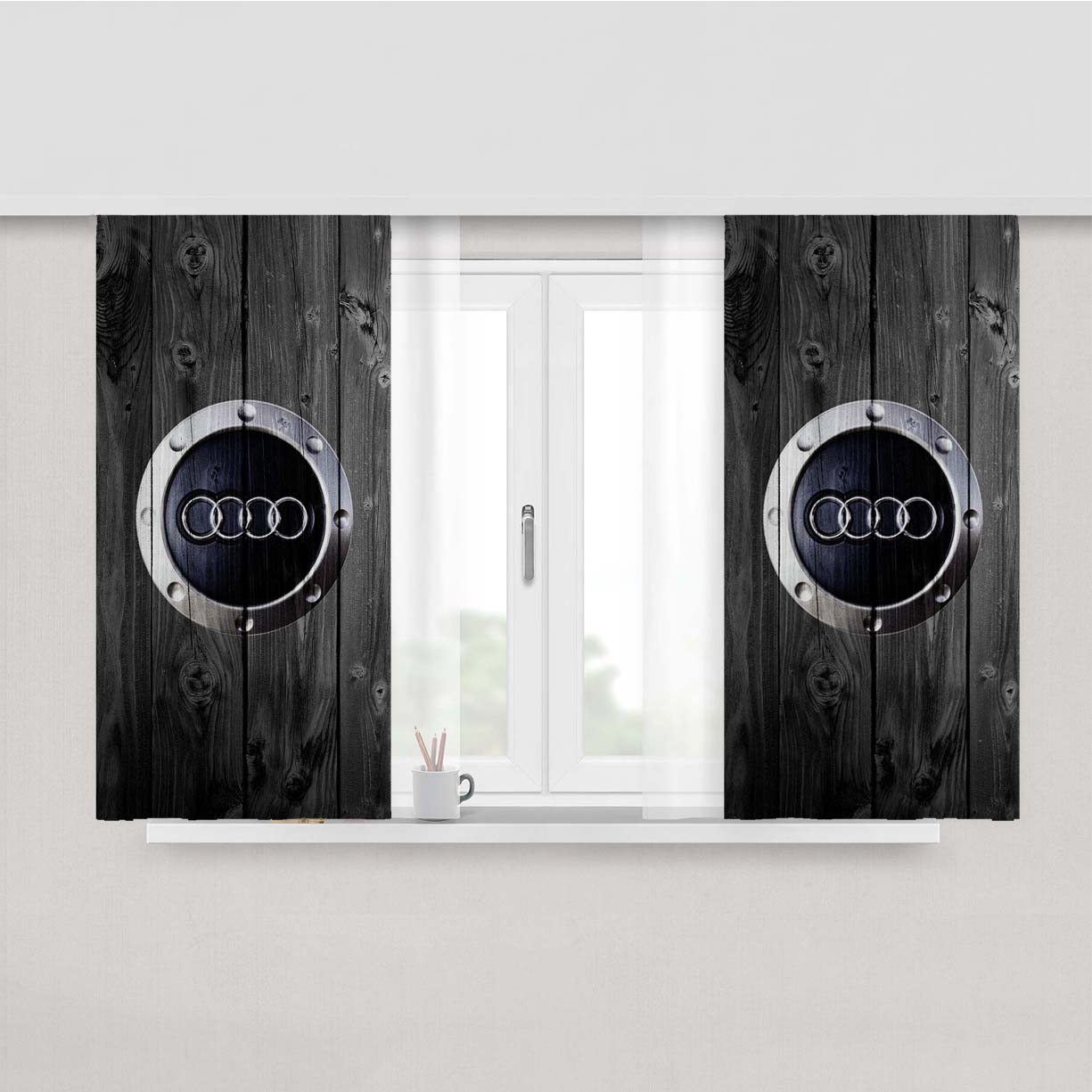 Audi Car Logo Dark Wood Wallpaper Peach Skin Window Curtains