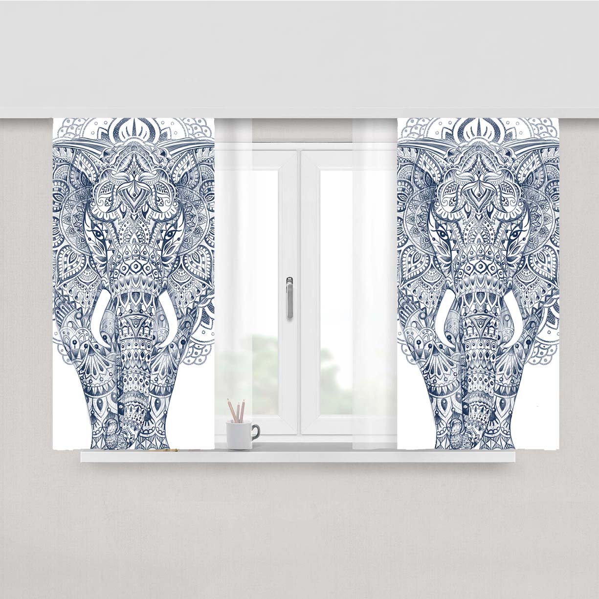 Aztec Elephant Pattern Art Peach Skin Window Curtains