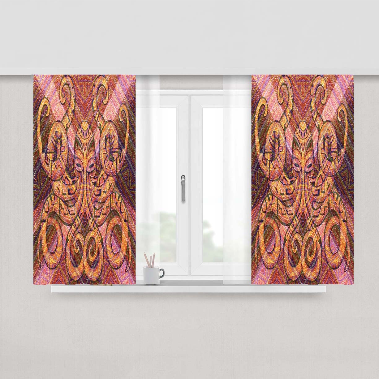 Aztec Octopus Peach Skin Window Curtains