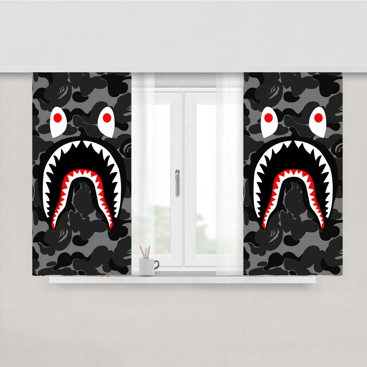 Bape Shark Black Army Pattern Peach Skin Window Curtains
