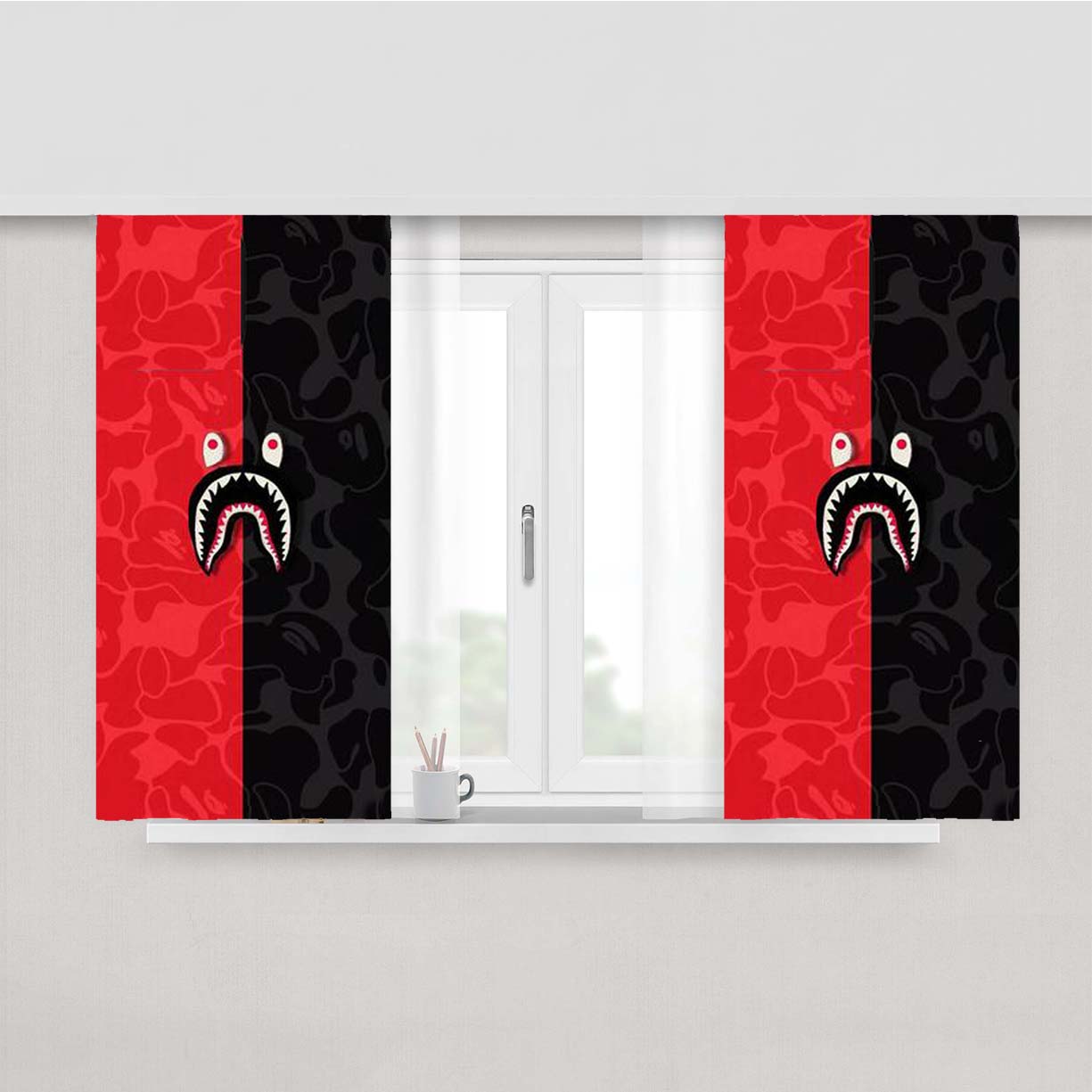 Bape Shark Red Camo Simple Peach Skin Window Curtains