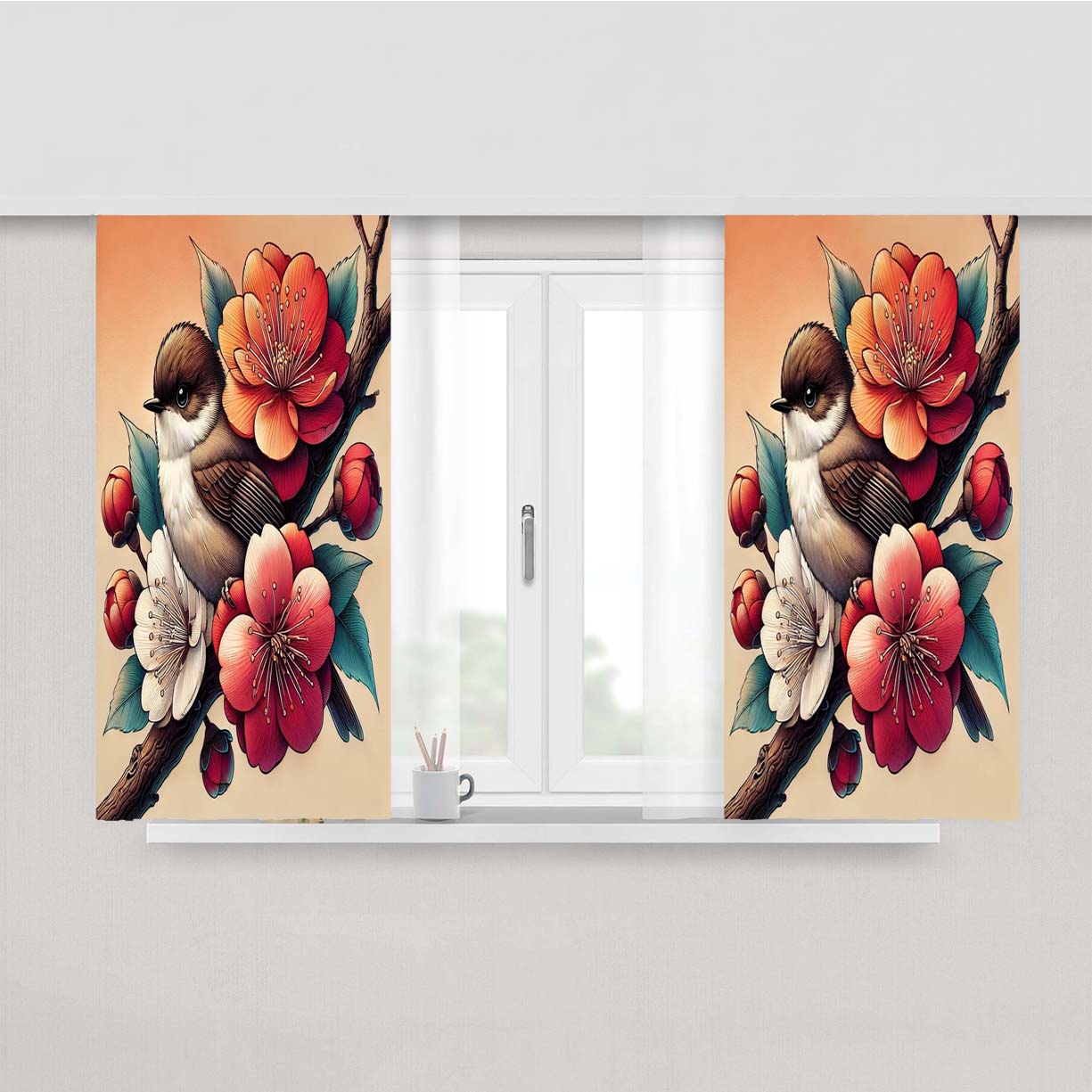 Bird Floral Peach Skin Window Curtains