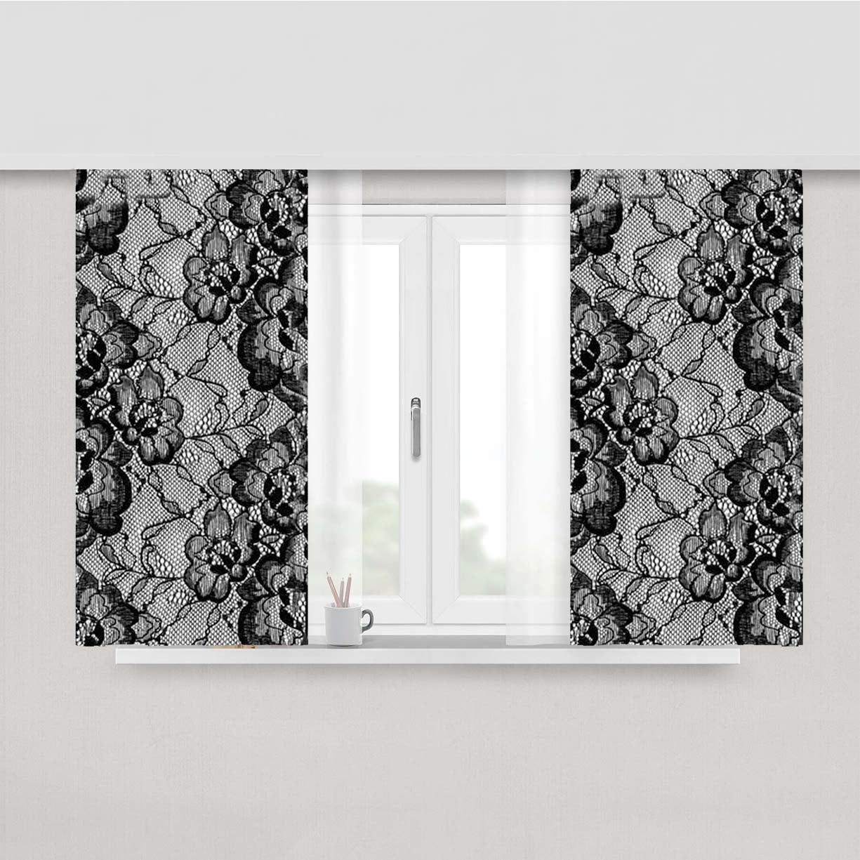 Black & White Floral Lace Peach Skin Window Curtains