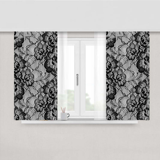 Black & White Floral Lace Peach Skin Window Curtains