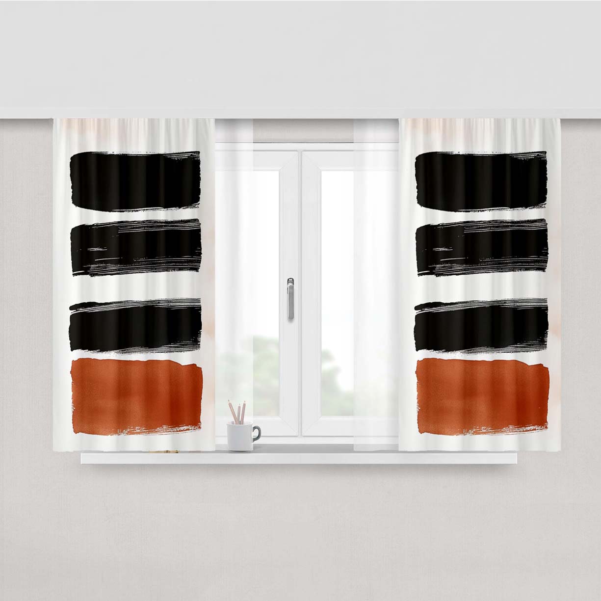 Black And Rust Brushstroke Peach Skin Window Curtains