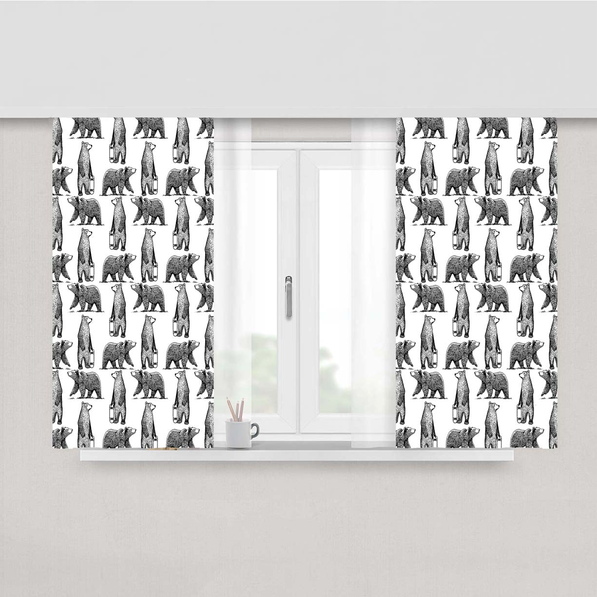 Black And White Skate Bear Illustrations Pattern Peach Skin Window Curtains