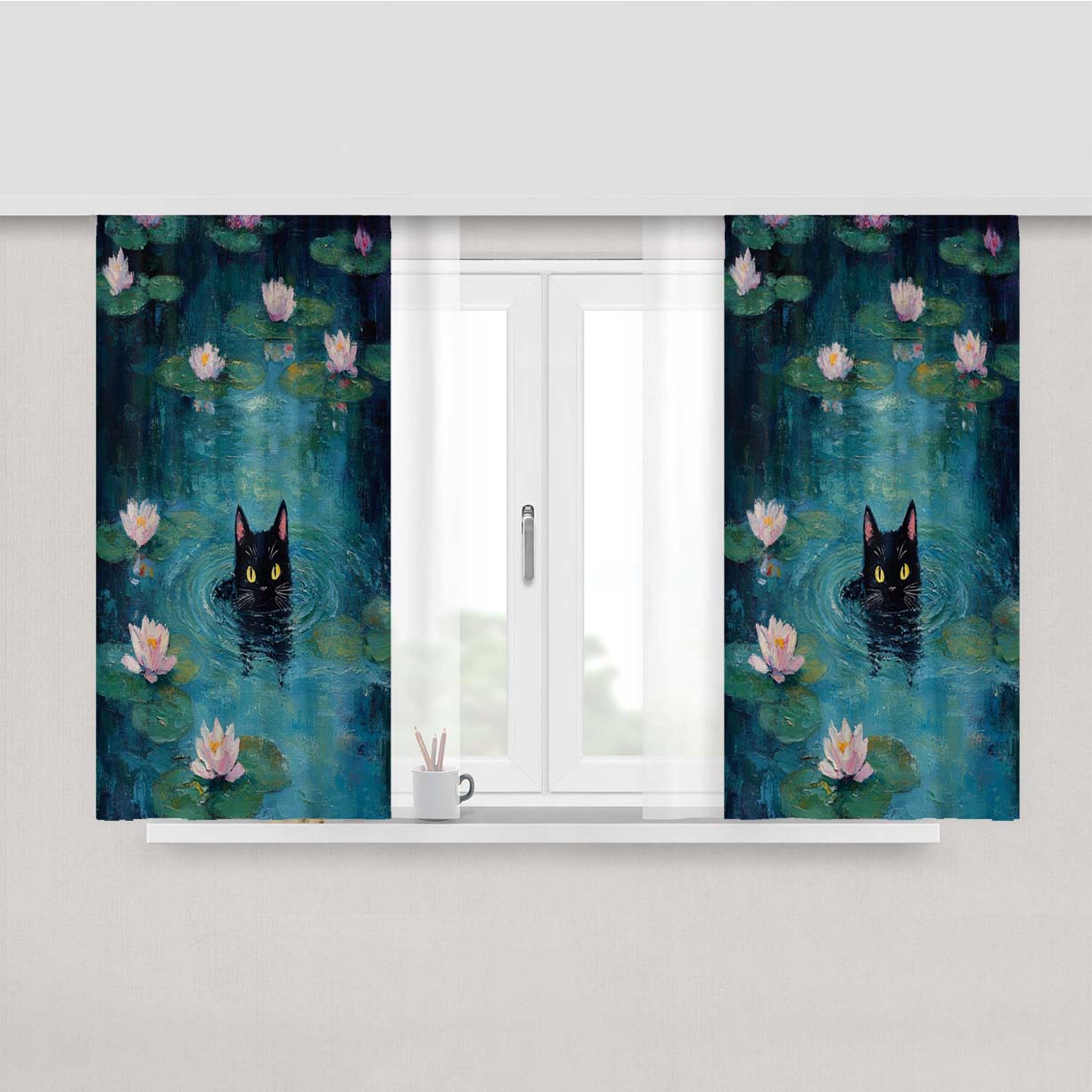 Black Cat And Lotus Peach Skin Window Curtains
