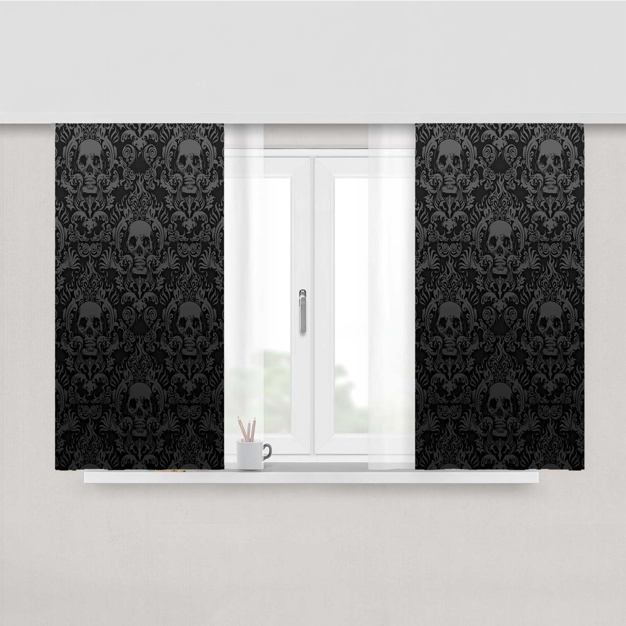 Black Damask Skull Pattern Peach Skin Window Curtains